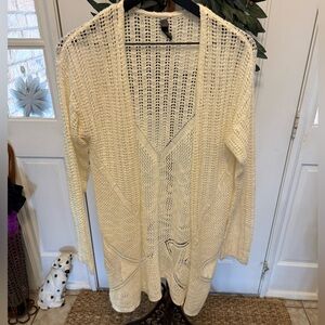 ALYA Dainty Lightweight Longline Crochet Open Knit Open Front Cardigan LS L